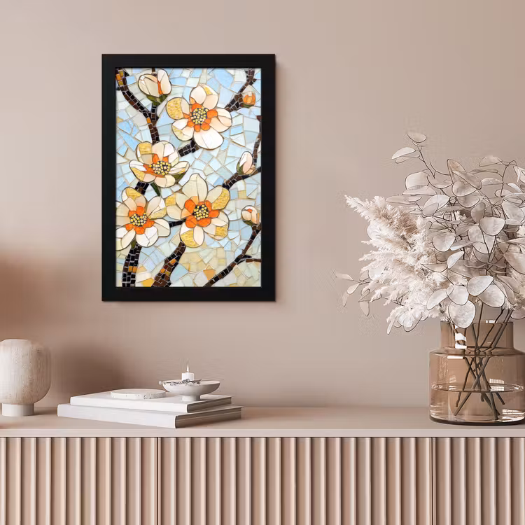 Bloesems - Wit - Mozaïek - Tak fotolijst zwart zonder passe partout klein -sfeer5