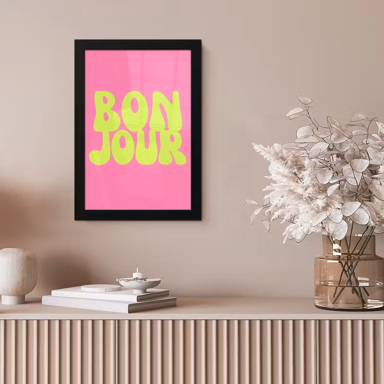 Bonjour - Roze - Fel groen fotolijst zwart zonder passe partout klein -sfeer5