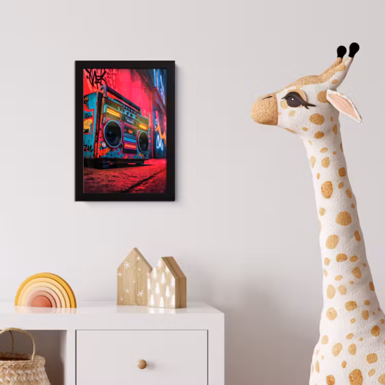 Boombox - Rood - Graffiti - Neon fotolijst zwart zonder passe partout klein -usfeer4_kinderkamer