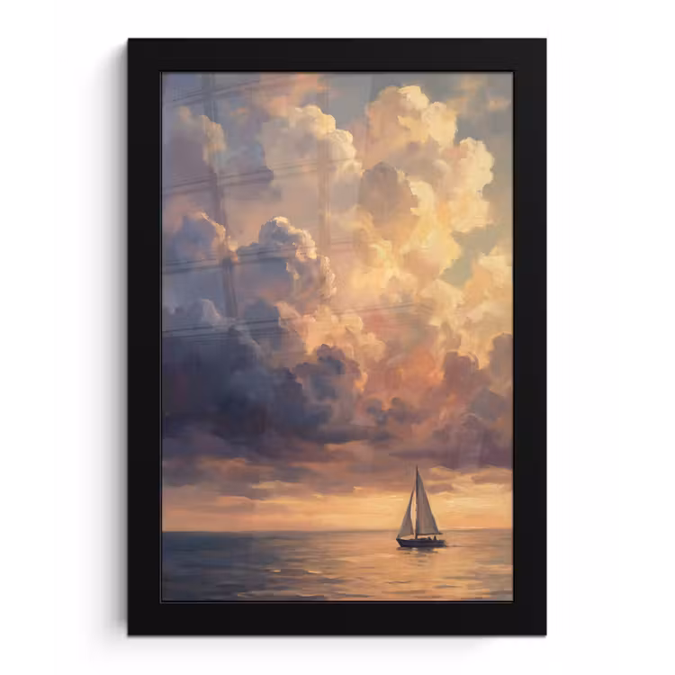 Boot - Zonsondergang - Zee - Natuur - Goud fotolijst zwart zonder passe partout klein -3d