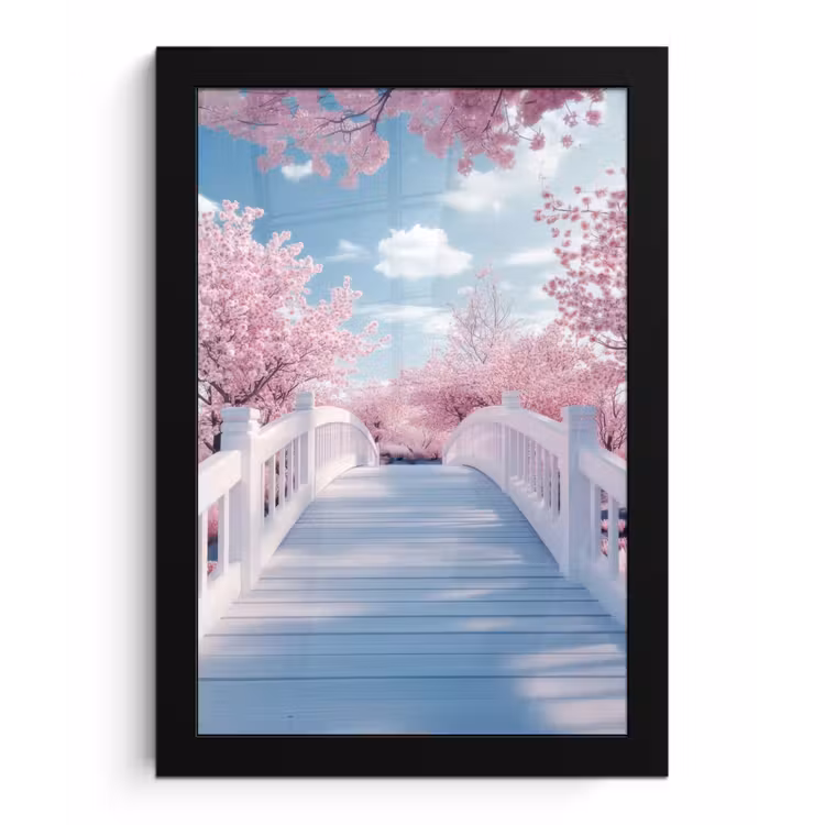 Brug - Kersenbomen - Wit fotolijst zwart zonder passe partout klein -3d