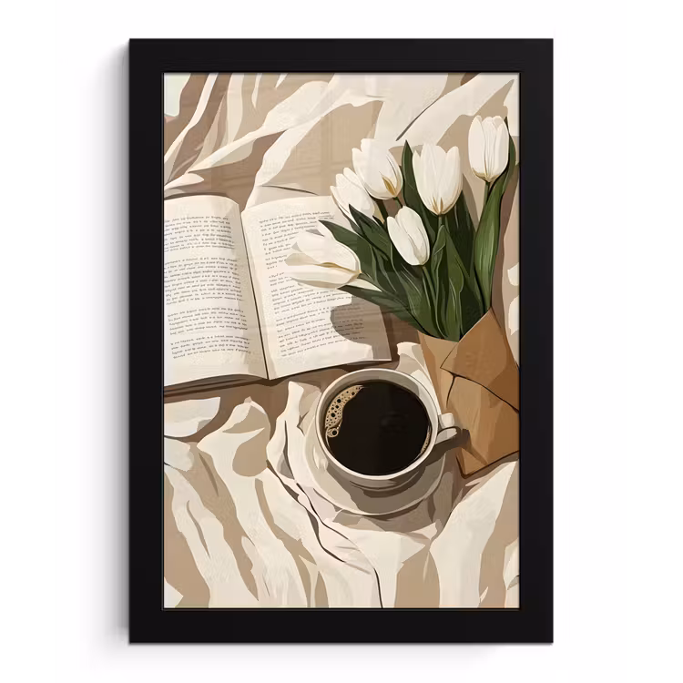 Boek - Illustratie - Tulpen - Koffie fotolijst zwart zonder passe partout klein -3d