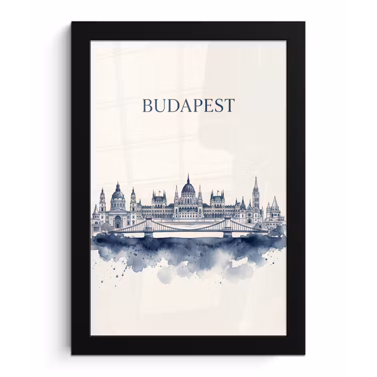 Boedapest - Skyline - Architectuur - Aquarel - Blauw fotolijst zwart zonder passe partout klein -3d