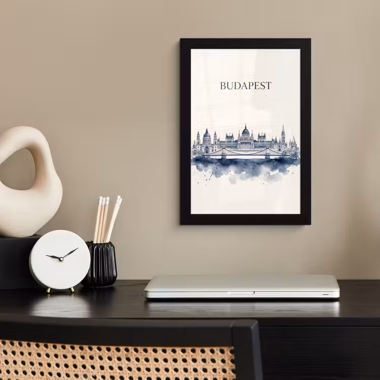 Boedapest - Skyline - Architectuur - Aquarel - Blauw fotolijst zwart zonder passe partout klein -sfeer1