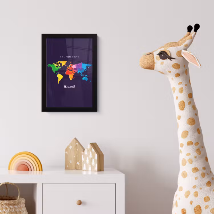 Kleurrijk - Wereldkaart - Travel - Quote fotolijst zwart zonder passe partout klein -usfeer4_kinderkamer