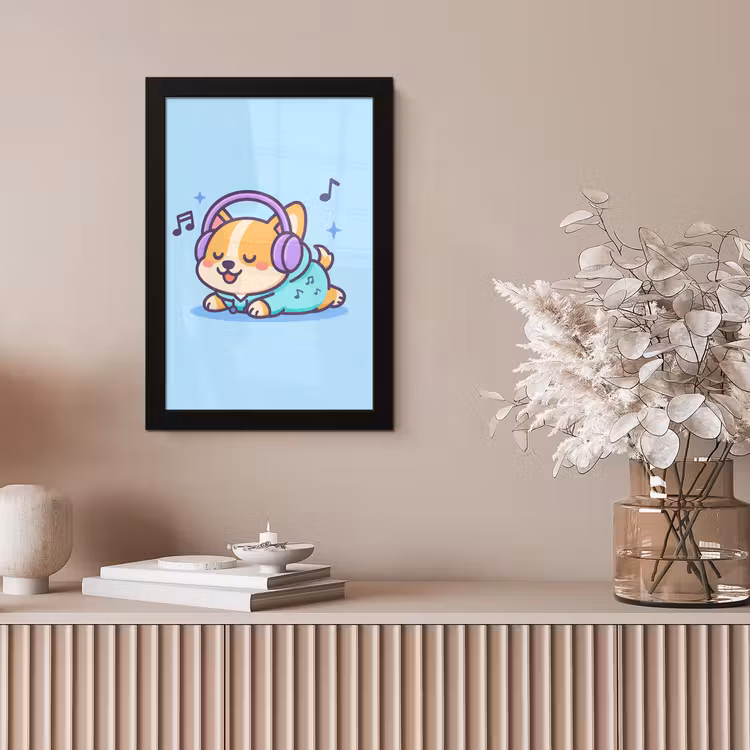 Corgi - Koptelefoon - Blauw - Muzieknoten fotolijst zwart zonder passe partout klein -sfeer5
