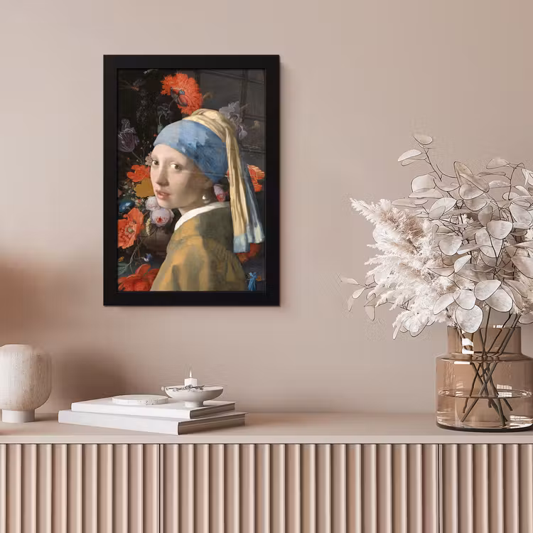 Meisje met de parel - Johannes Vermeer - Bloemen fotolijst zwart zonder passe partout klein -sfeer5