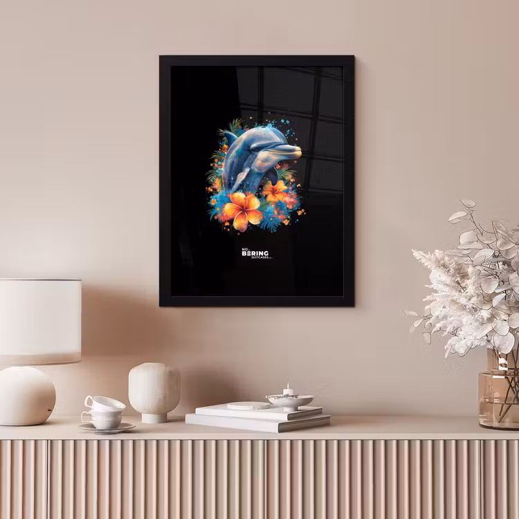 Dolfijn te midden van graffiti bloemen fotolijst zwart zonder passe partout klein -sfeer5