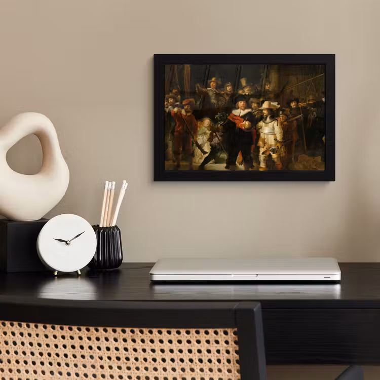 De Nachtwacht - Schilderij van Rembrandt van Rijn fotolijst zwart zonder passe partout klein -sfeer1