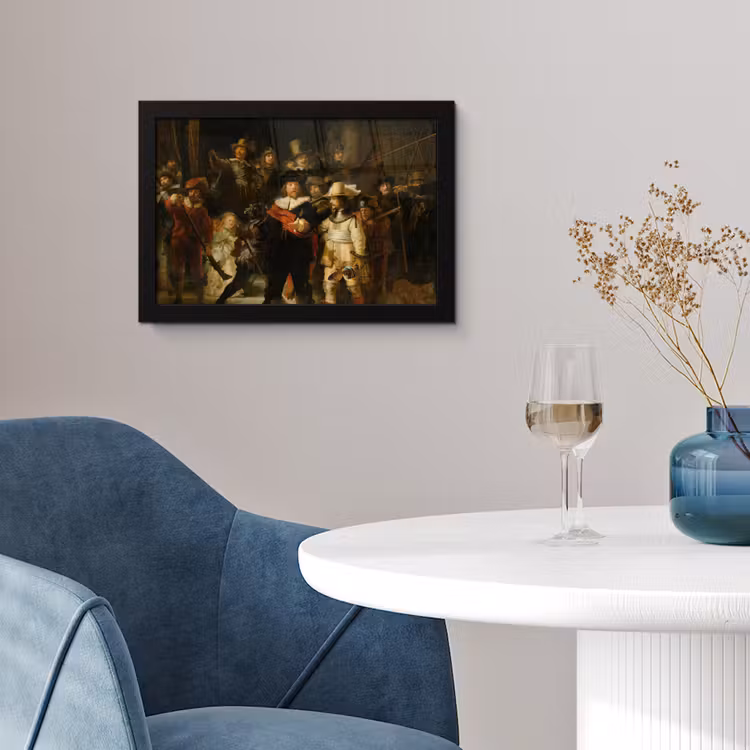 De Nachtwacht - Schilderij van Rembrandt van Rijn fotolijst zwart zonder passe partout klein -sfeer4
