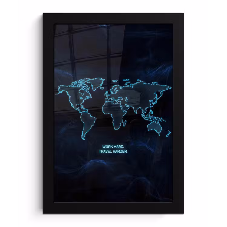 Digitaal - Wereldkaart - Blauw - Quote fotolijst zwart zonder passe partout klein -3d