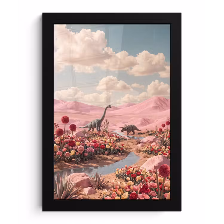 Bilder mit Rahmen - Dinosaurier – Rosa – Landschaft - Dinosaurus - Roze - Landschap fotolijst zwart zonder passe partout klein