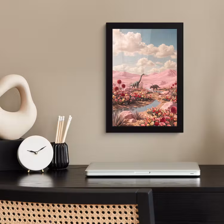 Bilder mit Rahmen - Dinosaurier – Rosa – Landschaft - Dinosaurus - Roze - Landschap fotolijst zwart zonder passe partout klein