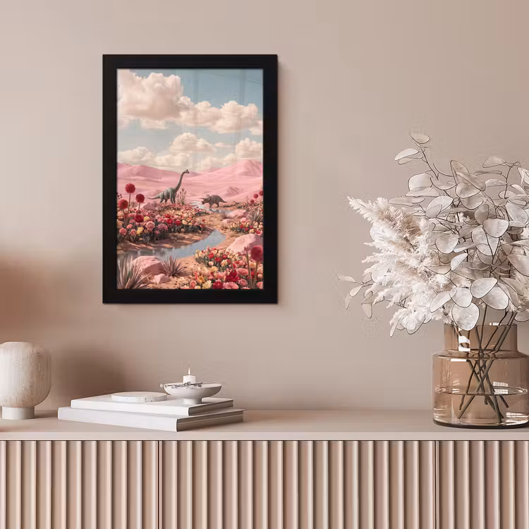 Bilder mit Rahmen - Dinosaurier – Rosa – Landschaft - Dinosaurus - Roze - Landschap fotolijst zwart zonder passe partout klein