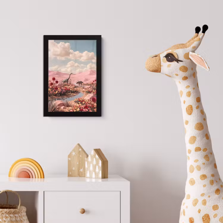 Bilder mit Rahmen - Dinosaurier – Rosa – Landschaft - Dinosaurus - Roze - Landschap fotolijst zwart zonder passe partout klein
