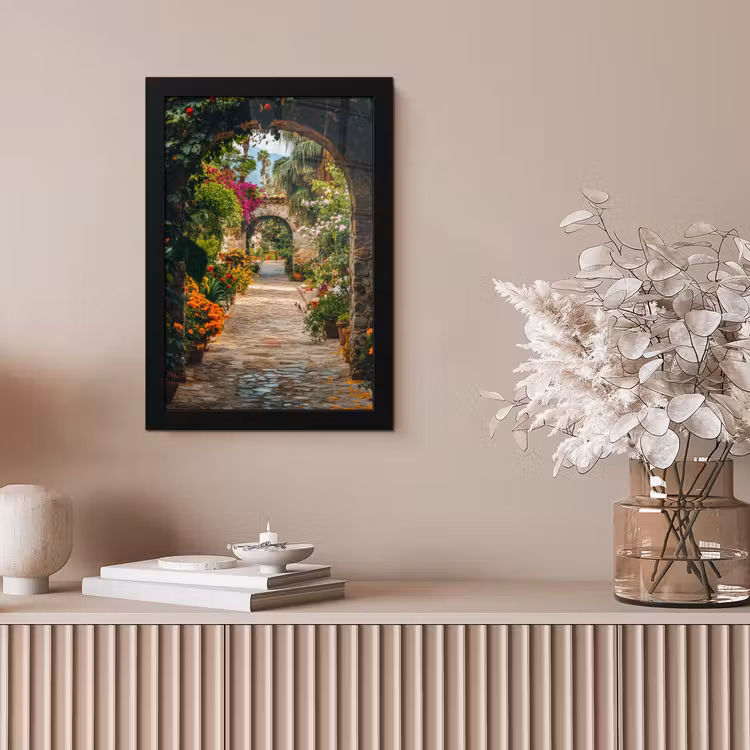 Doorkijk - Bloemen - Poort - Stenen fotolijst zwart zonder passe partout klein -sfeer5