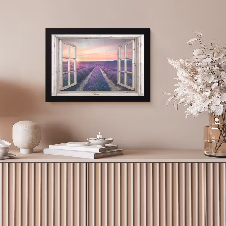 Doorkijk - Lavendel - Bloemen - Hout - Zonsondergang - Paars fotolijst zwart zonder passe partout klein -sfeer5