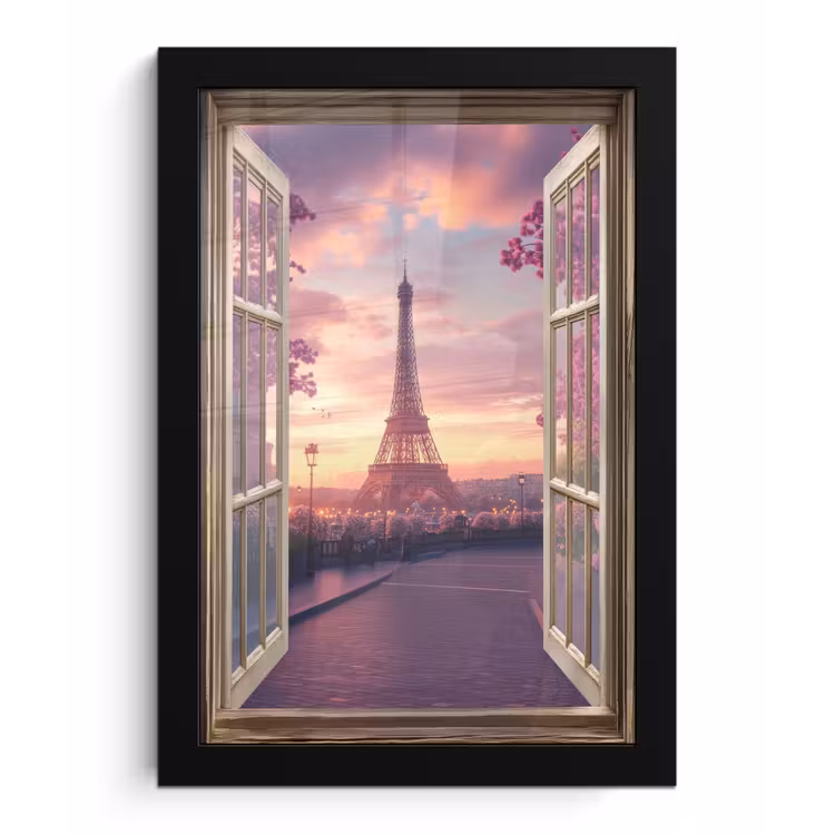 Doorkijk - Parijs - Eiffeltoren - Roze - Kersenbloesem fotolijst zwart zonder passe partout klein -3d