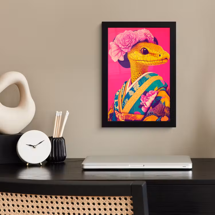 Hagedis - Bloemen - Roze - Kimono fotolijst zwart zonder passe partout klein -sfeer1