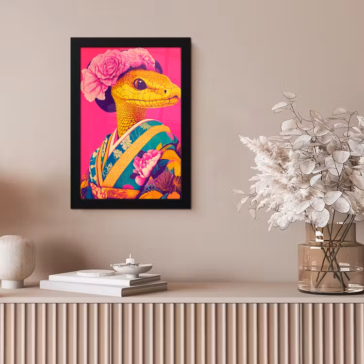 Hagedis - Bloemen - Roze - Kimono fotolijst zwart zonder passe partout klein -sfeer5