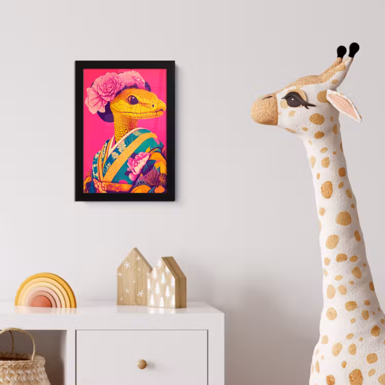 Hagedis - Bloemen - Roze - Kimono fotolijst zwart zonder passe partout klein -usfeer4_kinderkamer