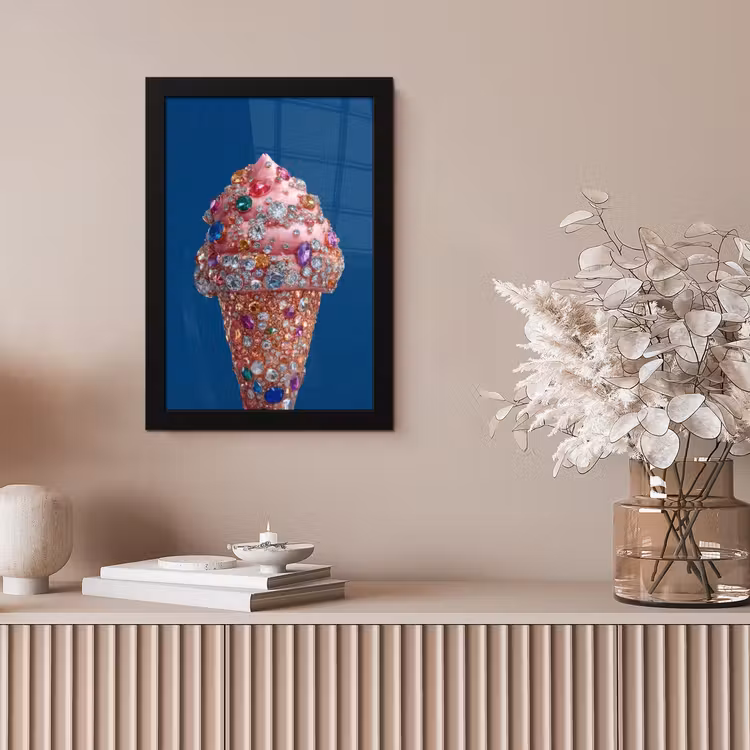 Ijsje - Hoorntje - Steentjes - Blauw fotolijst zwart zonder passe partout klein -sfeer5