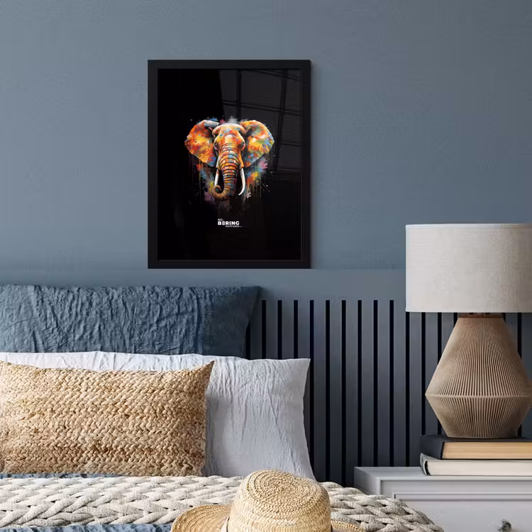 Olifant versierd met kleurrijke spetters fotolijst zwart zonder passe partout klein -sfeer3