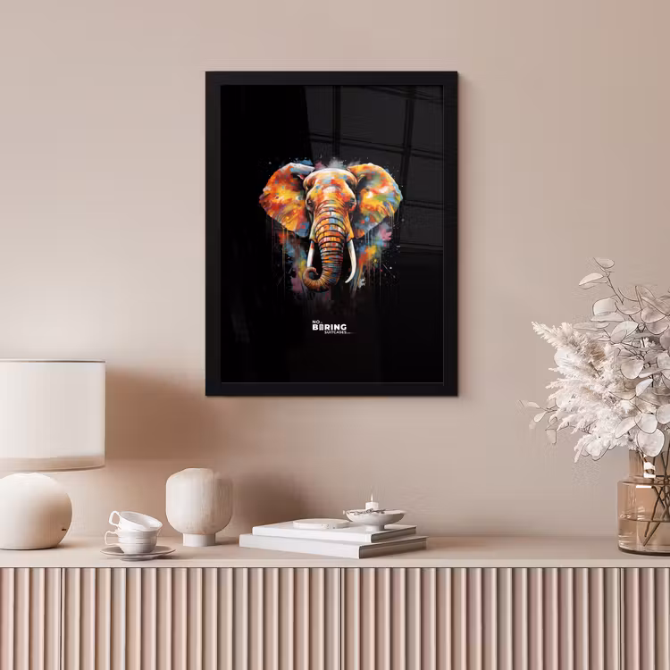 Olifant versierd met kleurrijke spetters fotolijst zwart zonder passe partout klein -sfeer5