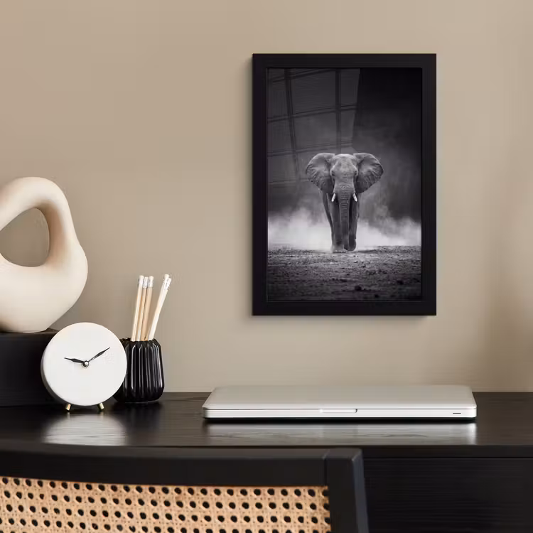 Olifant - Zwart - Wit - Rook fotolijst zwart zonder passe partout klein -sfeer1