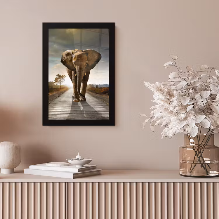 Olifant - Weg - Dieren - Zonsondergang - Landschap fotolijst zwart zonder passe partout klein -sfeer5