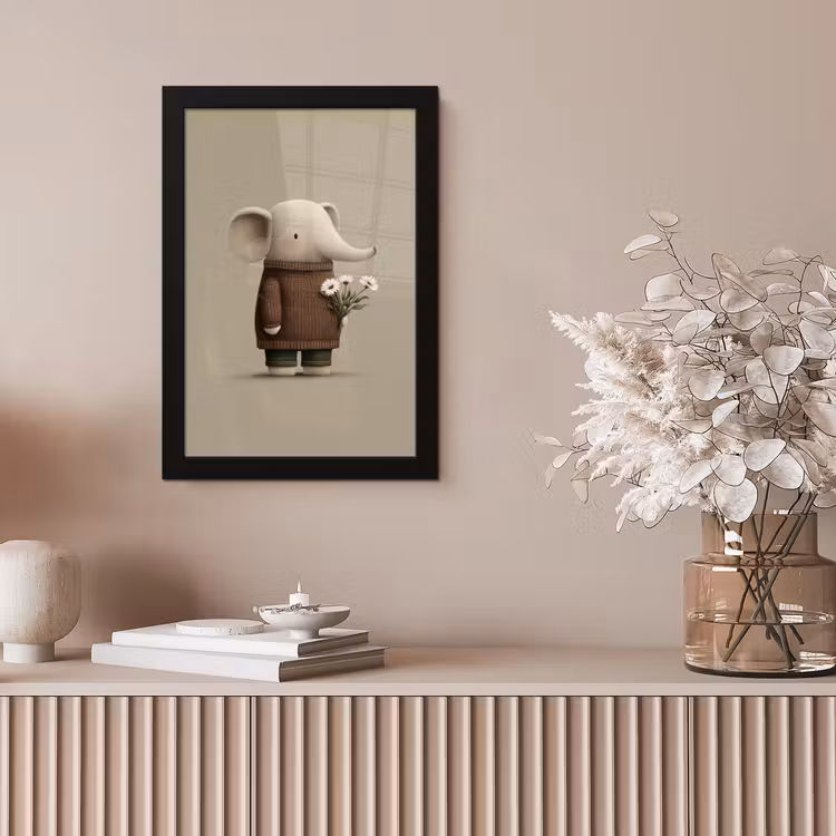 Olifant - Witte bloemen - Kindvriendelijk fotolijst zwart zonder passe partout klein -sfeer5