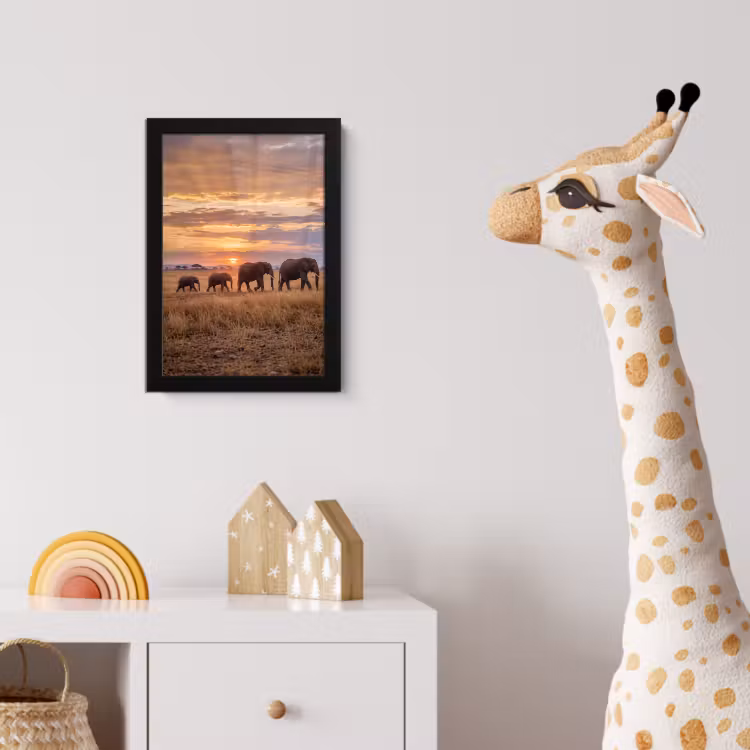 Olifanten - Savanne - Zonsondergang - Afrika - Warm fotolijst zwart zonder passe partout klein -usfeer4_kinderkamer