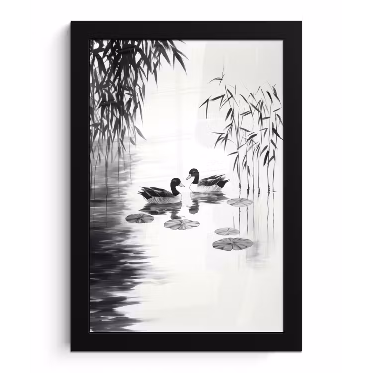 Eenden - Waterlelies - Riet - Zwart fotolijst zwart zonder passe partout klein -3d