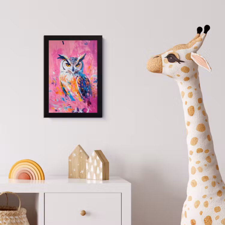 Uil - Roze - Blauw - Verf - Abstract fotolijst zwart zonder passe partout klein -usfeer4_kinderkamer
