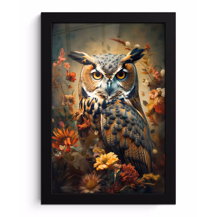 Uil - Vogel - Bloemen - Planten - Botanisch fotolijst zwart zonder passe partout klein -3d