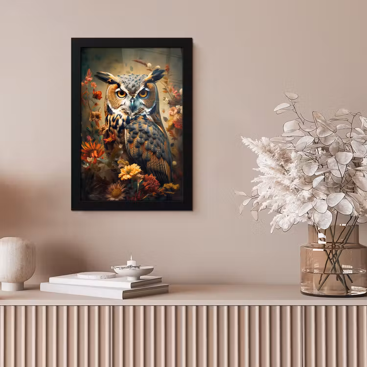 Uil - Vogel - Bloemen - Planten - Botanisch fotolijst zwart zonder passe partout klein -sfeer5