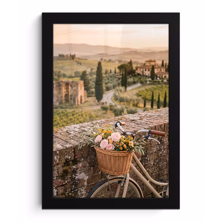 Fiets - Bloemen - Toscane - Landschap - Roze fotolijst zwart zonder passe partout klein -3d