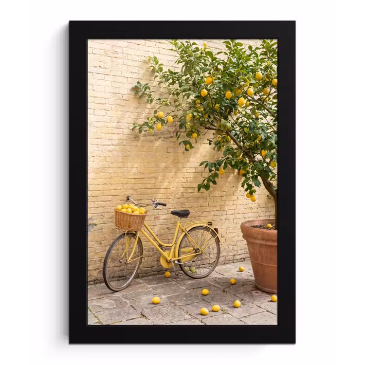 Fiets - Mand - Eten - Geel - Zomer fotolijst zwart zonder passe partout klein -3d