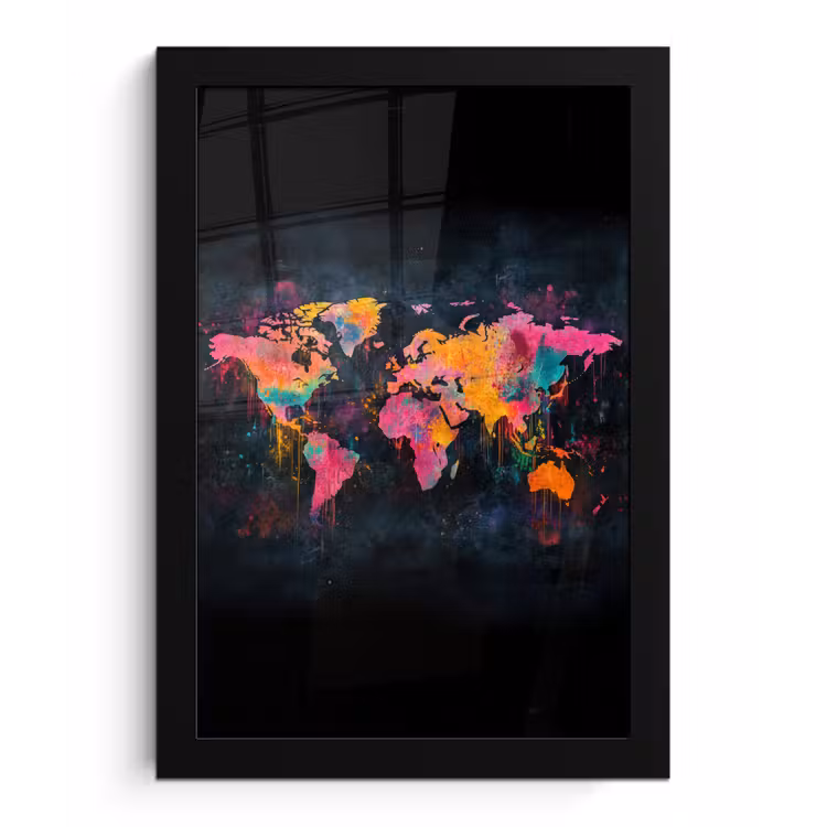 Verf - Wereldkaart - Kleur fotolijst zwart zonder passe partout klein -3d