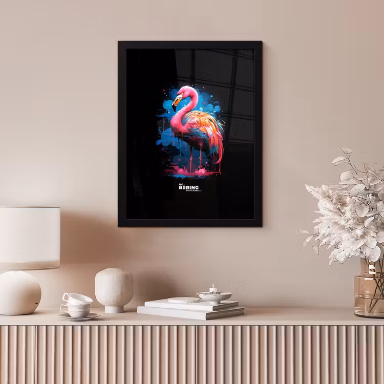 Gekleurde flamingo voor een verfexplosie fotolijst zwart zonder passe partout klein -sfeer5