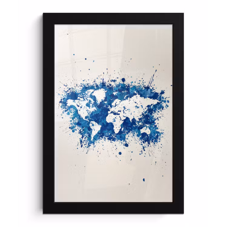 Verfspatten - Blauw - Wereldkaart fotolijst zwart zonder passe partout klein -3d