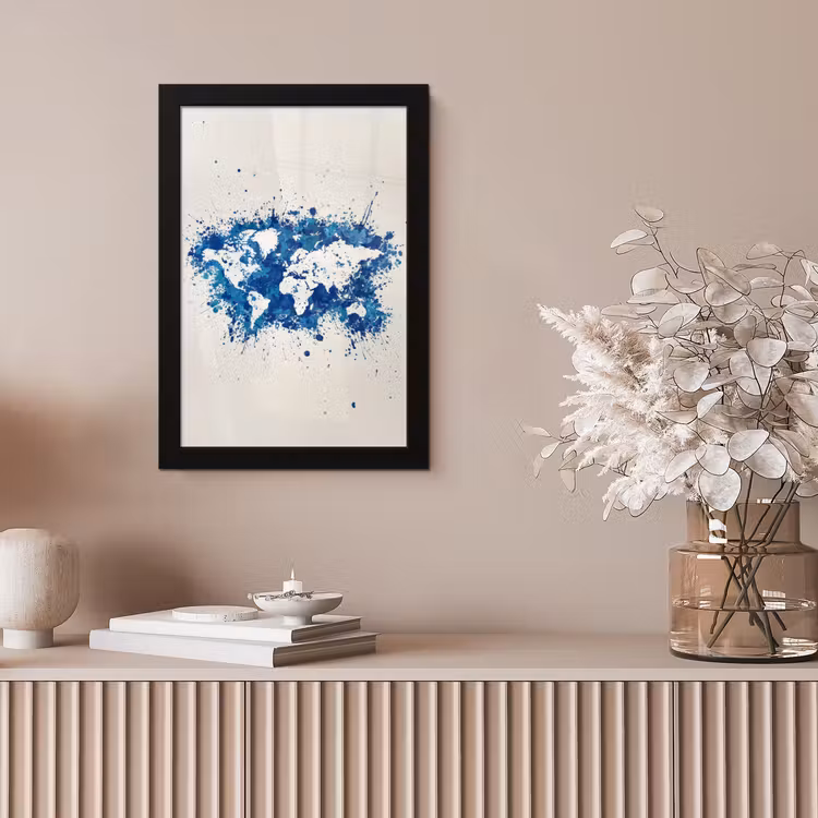 Verfspatten - Blauw - Wereldkaart fotolijst zwart zonder passe partout klein -sfeer5