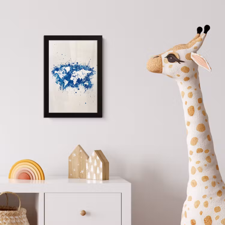 Verfspatten - Blauw - Wereldkaart fotolijst zwart zonder passe partout klein -usfeer4_kinderkamer