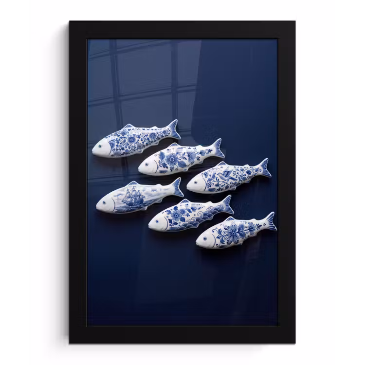 Vissen - Delfts - Blauw - Keramiek fotolijst zwart zonder passe partout klein -3d
