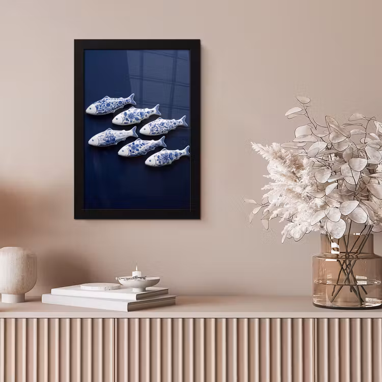Vissen - Delfts - Blauw - Keramiek fotolijst zwart zonder passe partout klein -sfeer5