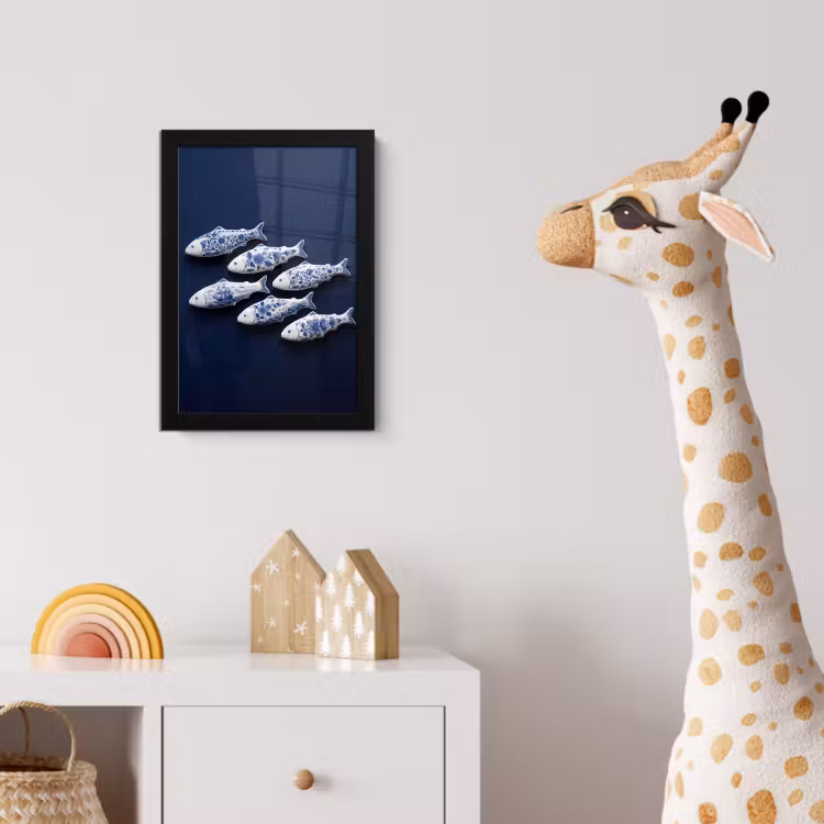 Vissen - Delfts - Blauw - Keramiek fotolijst zwart zonder passe partout klein -usfeer4_kinderkamer