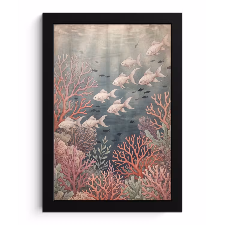 Vis - Koraal - Onderwater - Illustratie - Vintage fotolijst zwart zonder passe partout klein -3d