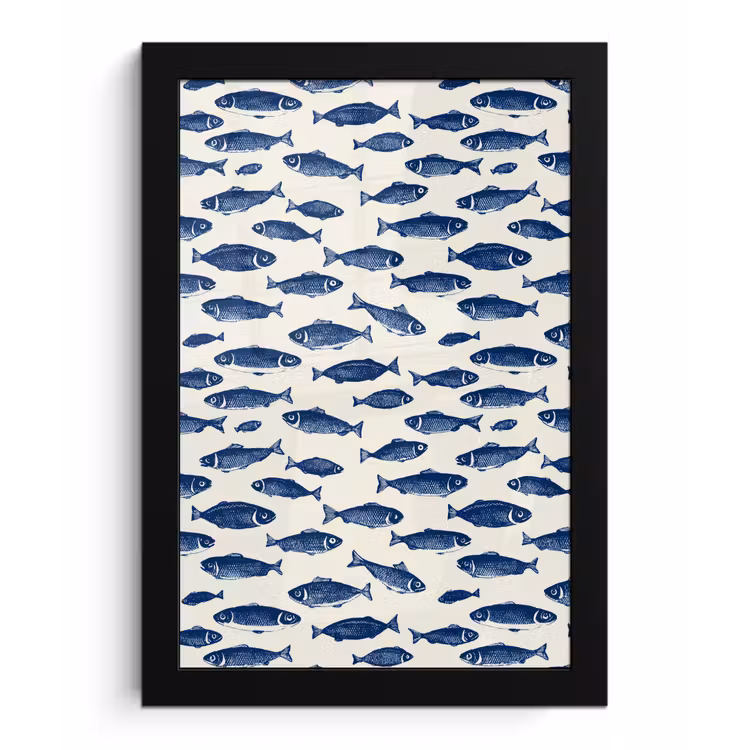 Vissen - Patroon - Blauw - Wit fotolijst zwart zonder passe partout klein 224 -3d
