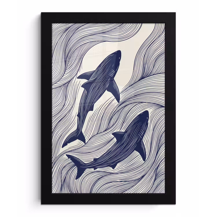 Vis - Oceaan - Lijntekening - Blauw - Dieren fotolijst zwart zonder passe partout klein -3d