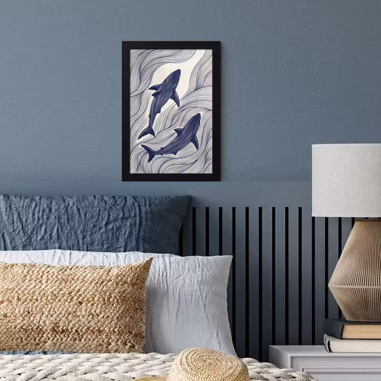 Vis - Oceaan - Lijntekening - Blauw - Dieren fotolijst zwart zonder passe partout klein -sfeer3